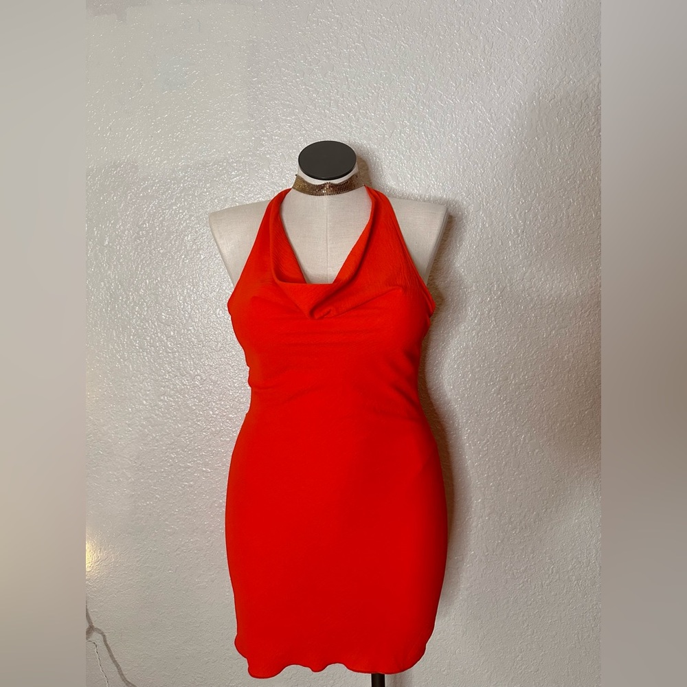 Bright orange halter mini dress cowl neck